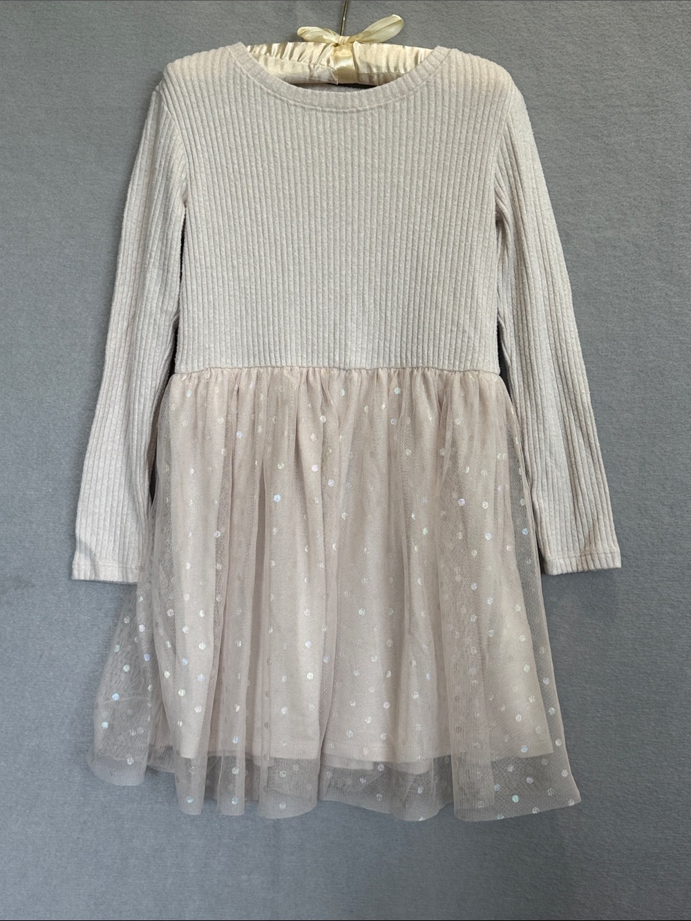 Cat & Jack Girls Cream Long-Sleeve Tulle Polka Dot Dress